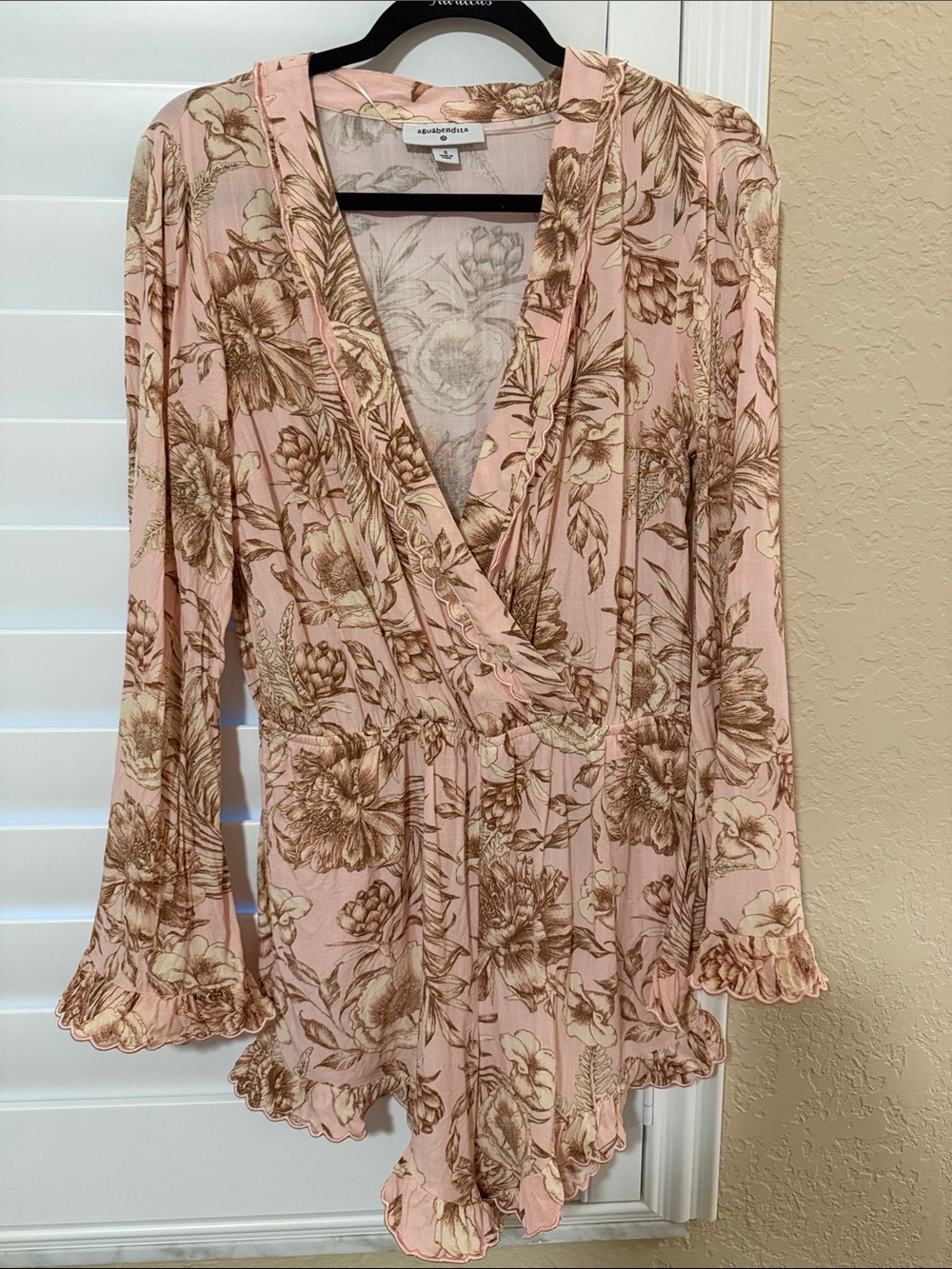 Agua Bendita Pink and Brown Floral Wrap Romper